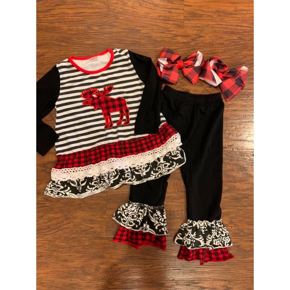 4 Piece Buffalo Plaid Moose Holiday Christmas Ruffle Outfit Matching Hairbows 4T